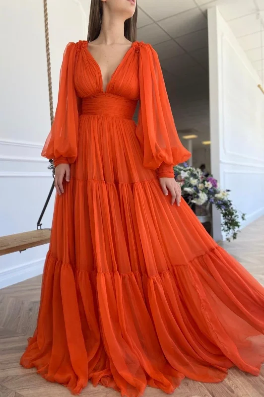 Iyla | Orange Chiffon Floor Length Prom Dress, Long Sleeve Evening Party Dress Tunics Top Casual