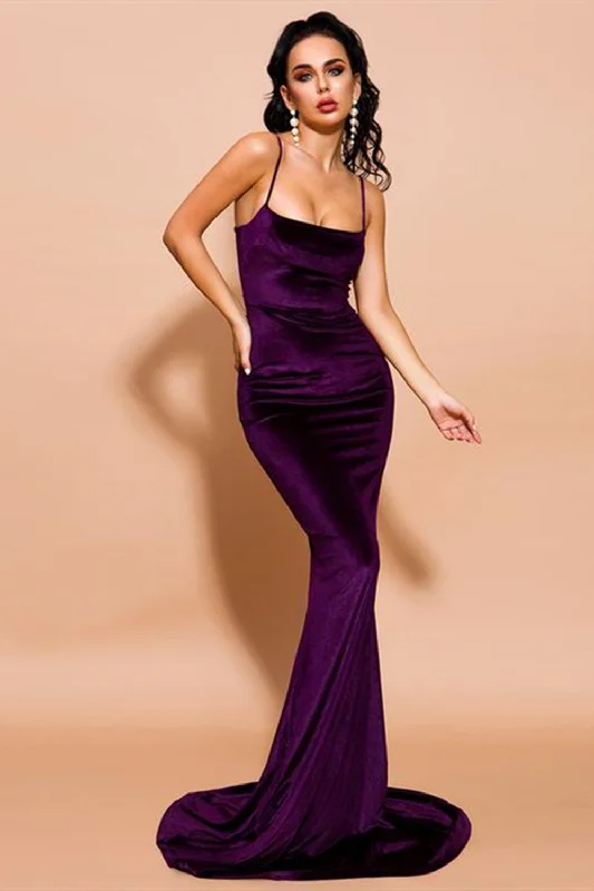Stylish Velvet Mermaid Prom Party Dress Velvet Spaghetti Straps Tunics Floral girly