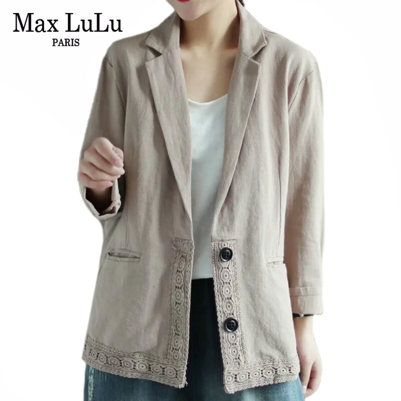 Max LuLu Chinese Spring Clothing Laides Vintage Linen Blazer Womens Casual Loose Lace Jackets Oversized Streetwear Zippered Front Buttoned Front Snap Front