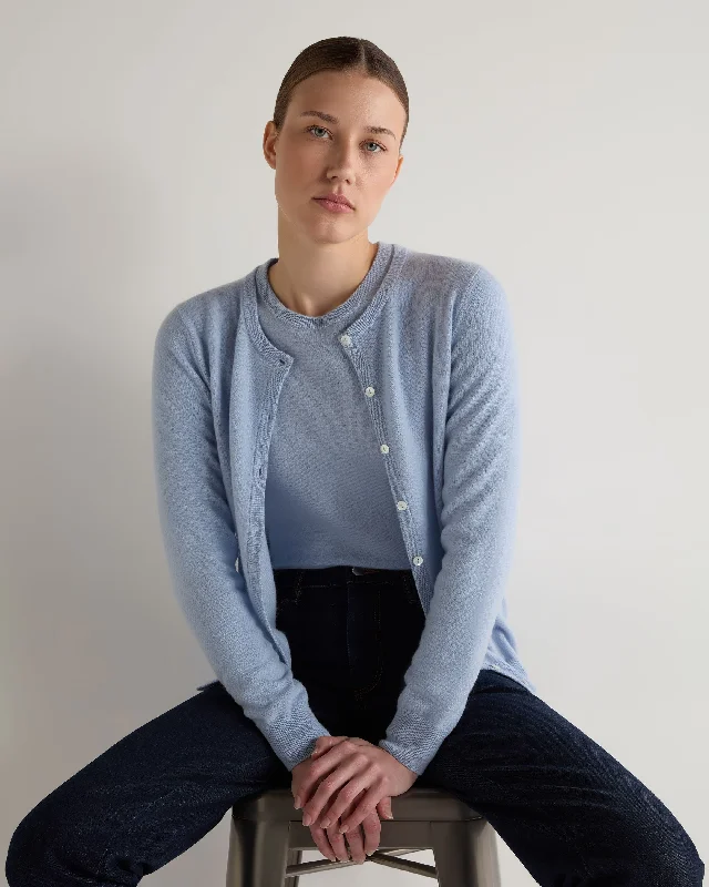 Women's Olivia Round Neck Cashmere Cardigan Sea Mist Blue Silk Blend Satin Velvet