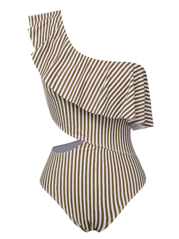 1970s One-Shoulder Stripes Ruffles One-Piece Swimsuit Push-Up Bikini Top
