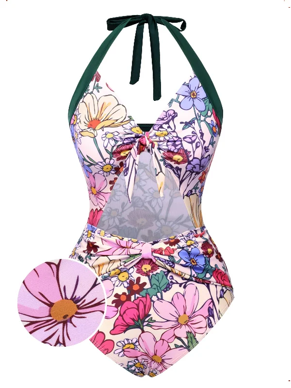 [Pre-Sale] Pink 1930s Floral Butterfly Bow Swimsuit Sexy Monokini Swimsuit