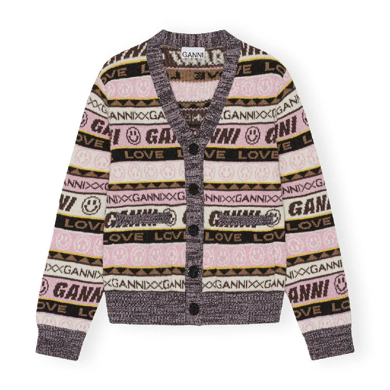 Ganni Graphic Lambswool Cardigan 'Oak' Zippered Buttoned Snapped