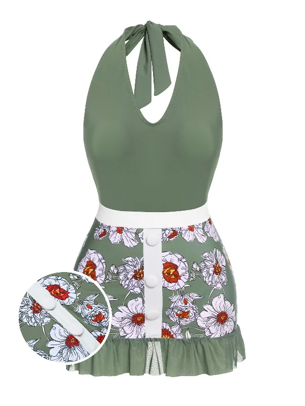 Green 1940s Floral Halter One-Piece Swimsuit Elegant Ruffle Swimsuit