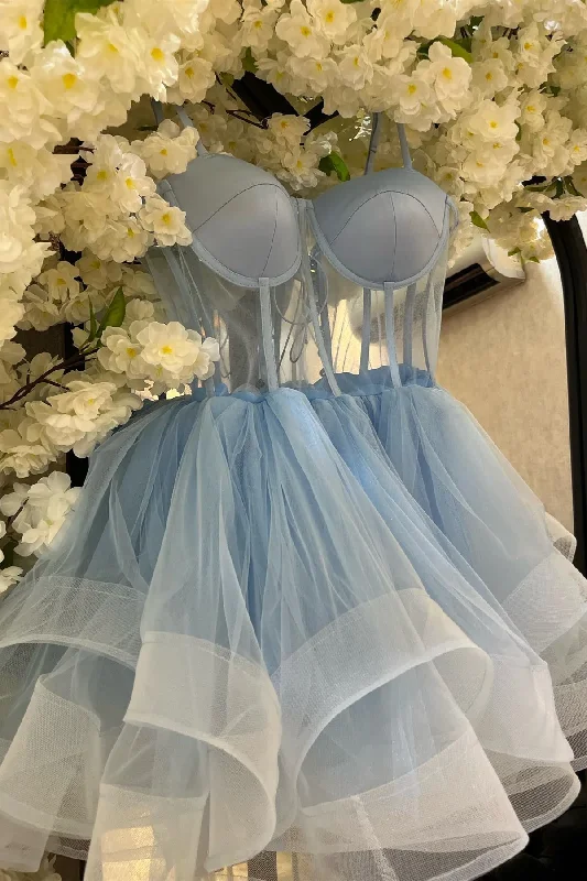 Light Blue Straps See Through Short Party Dress Homecoming Dress,DP1749 Tunics Denim casual