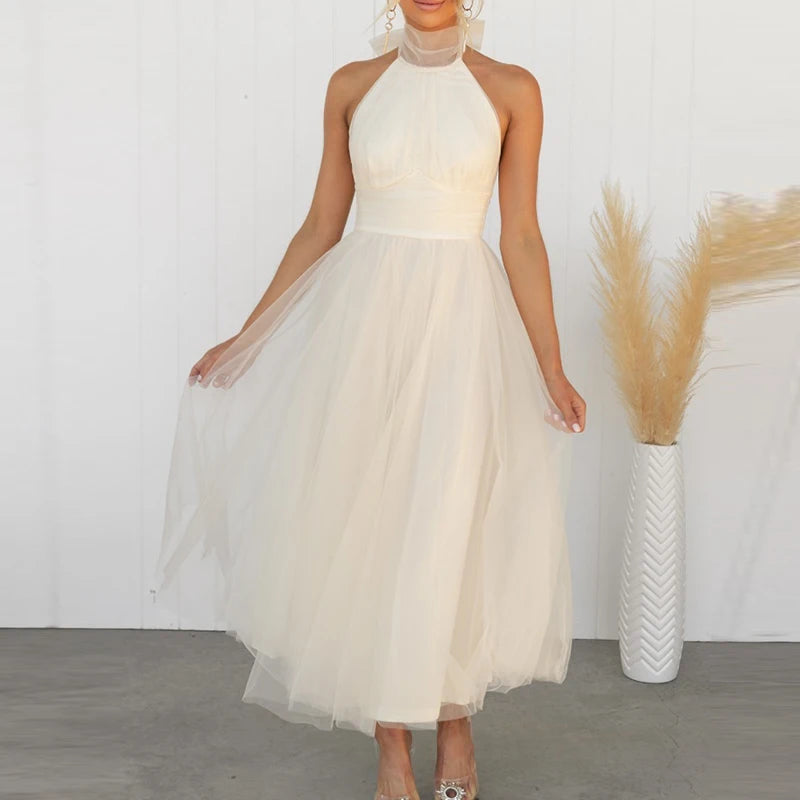 Advbridge Women Sexy Sleeveless Solid Long Dress Fashion High Collar Halter Big Hem Party Dress Summer Elegant High Waist Princess Dress Tunics Vintage classic