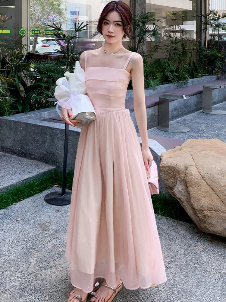 Advbridge Spring Summer New Satin Midi Spaghetti Strap Dresses for Women Pink Dress Wedding Evening Party Dress Prom Robe Vestidos Tunics Office stylish