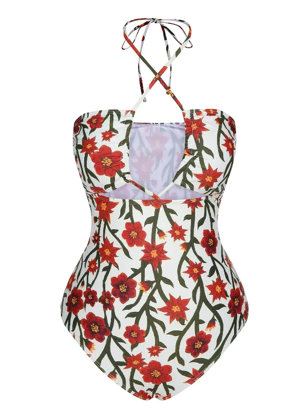 1960s Front Hollow Floral Halter Swimsuit Sporty Swim Shorts