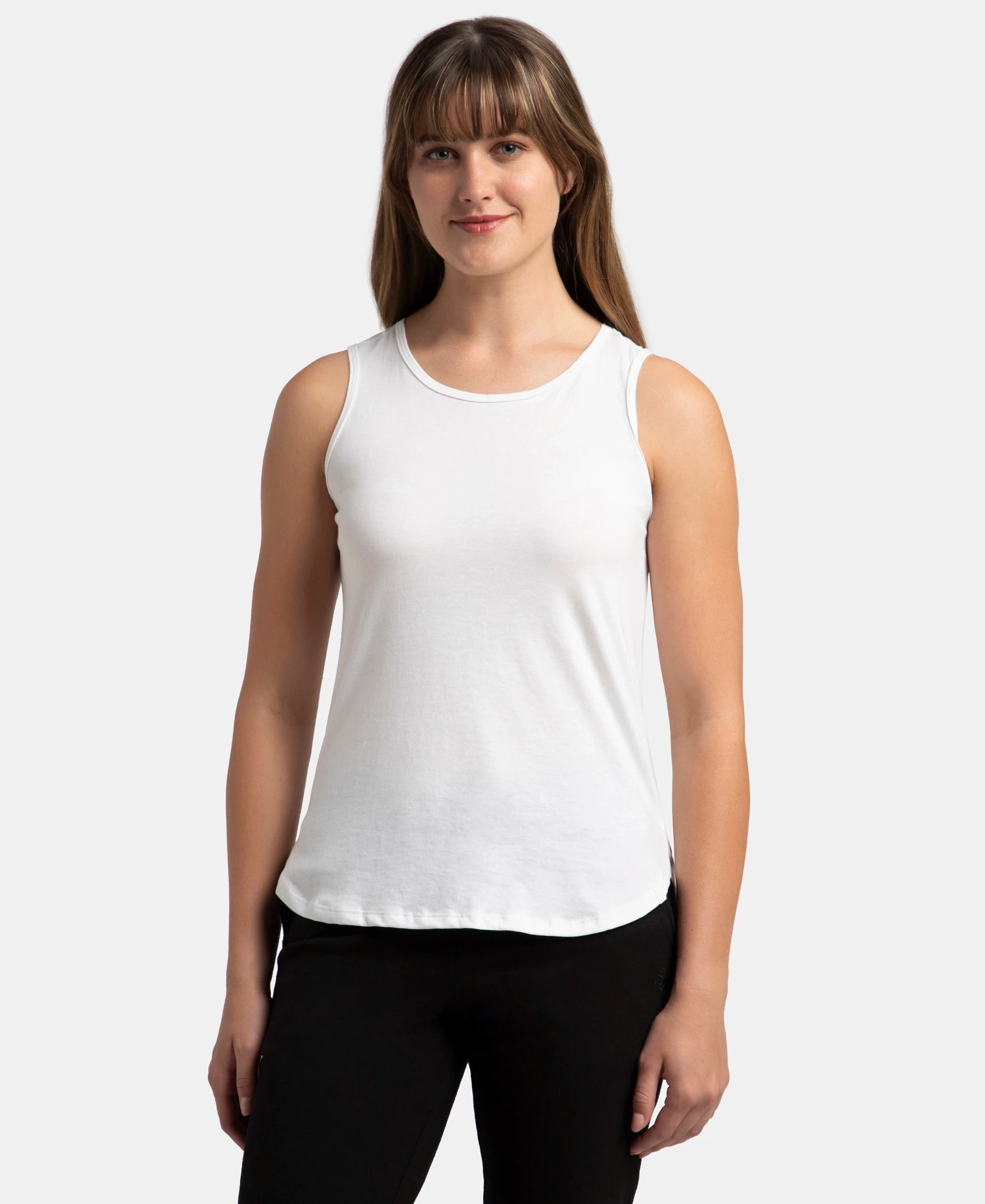 Super Combed Cotton Rich Solid Curved Hem Styled Tank Top - White vintage tank top