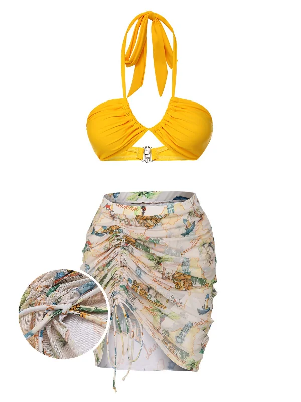 2PCS Yellow 1970s Retro Architectural Pattern Swimsuit & Cover-Up Floral Print Swimsuit