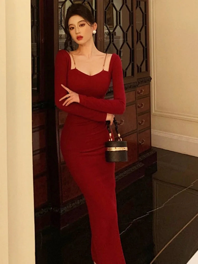 Advbridge Elegant Red Bodycon Midi Dresses for Women Chain Square Collar Long Sleeves Slim Autumn New Fashion Slit Party Dress Prom Robe Tunics Solid Classic