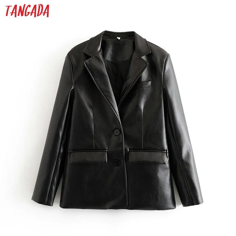 Tangada women vintage black faux leather blazer female long sleeve jacket ladies high street casual blazer suits 6A105 Striped Jacket Polka Dot Jacket Floral Jacket