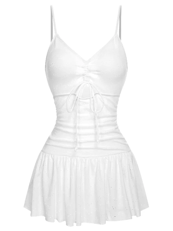 White 1960s Spaghetti Strap One-Piece Swimsuit Sexy Two-Piece Set
