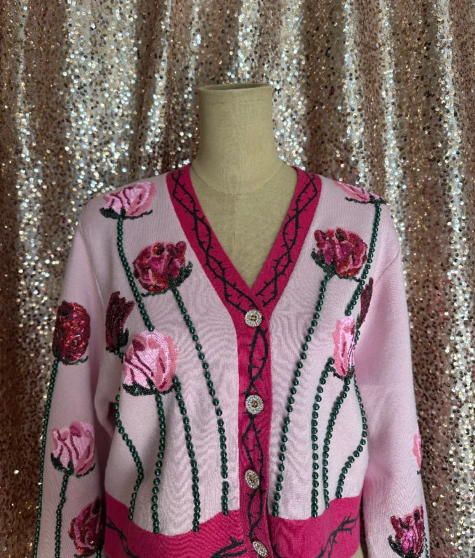 LIGHT PINK LONG STEM ROSE CARDIGAN Slim Fit Regular Fit Oversized