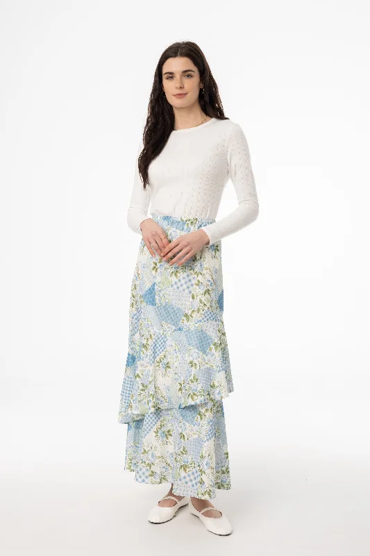 Blue Patchwork Print Ruffle Skirt corduroy skirt cozy