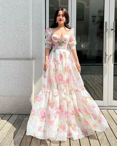 Floral Sweetheart A-Line Half Sleeves Chiffon Long Party Dress,DP1899 Tunics Chinos classic