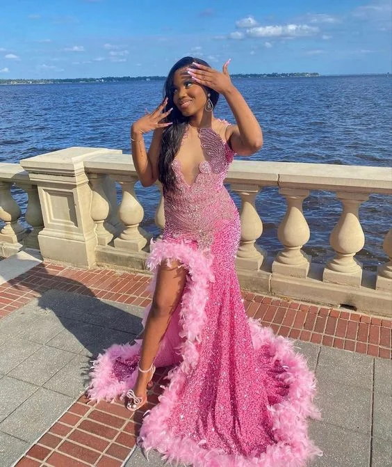 Gorgeous Pink Appliques Sequins Black Girl Long Party Dress with Feather, DP2110 Tunics Trendy modern