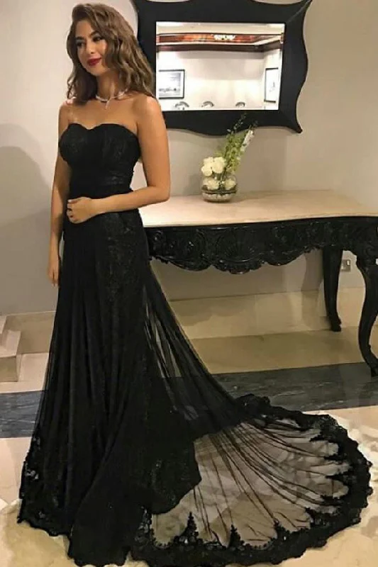 Sweetheart Black Tulle Lace Long Prom Dress For Teens,Graduation Party Dresses OK884 Tunics Party sparkling