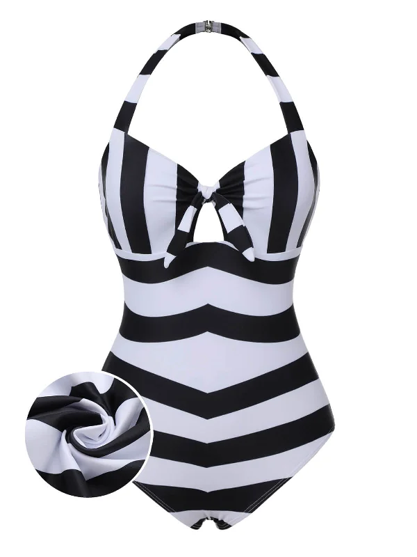 Black & White 1950s Barbie Stripes Halter Swimsuit Full Coverage Swimsuit