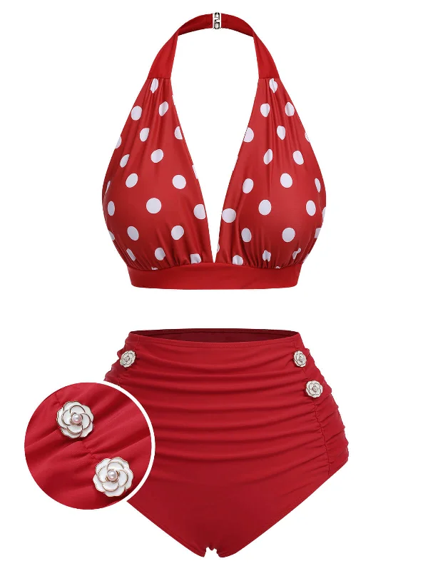 Red 1950s Polka Dot Halter Separate Swimsuit Sporty Swimsuit Style