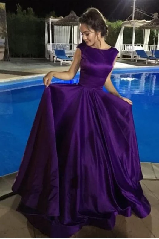 Elegant High Neck Purple Satin A Line Long Open Back Prom Dress Evening Gown Party Dresses Tunics Favorite customer