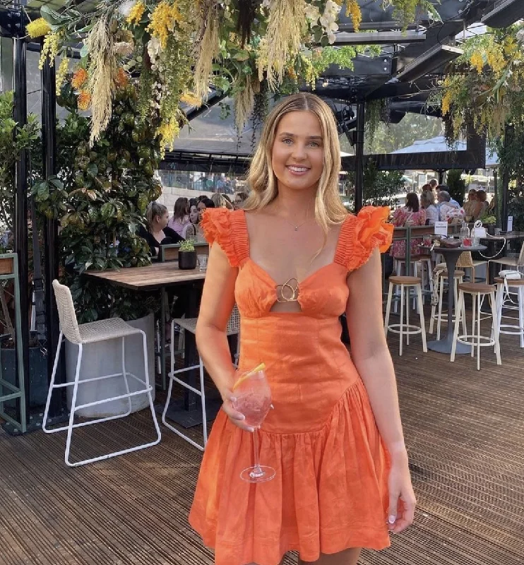 Orange Ruffle A-Line Sweet Party Dress Homecoming Dress, DP2180 Crew Neckline Casual