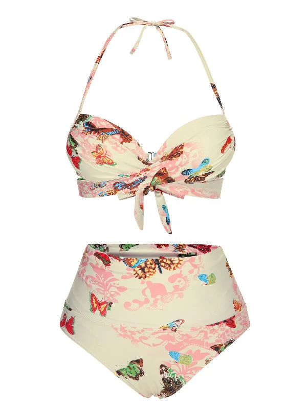 Pink 1940s Butterfly Back Lace Up Halter Swimsuit Reversible Bikini Set