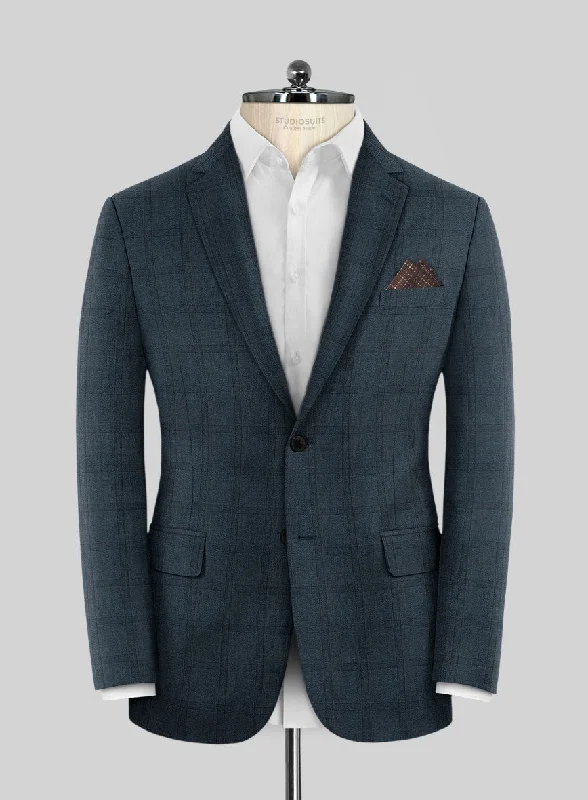 Reda Baltie Blue Checks Wool Jacket A-Line Jacket Boat Neck Shawl Collar