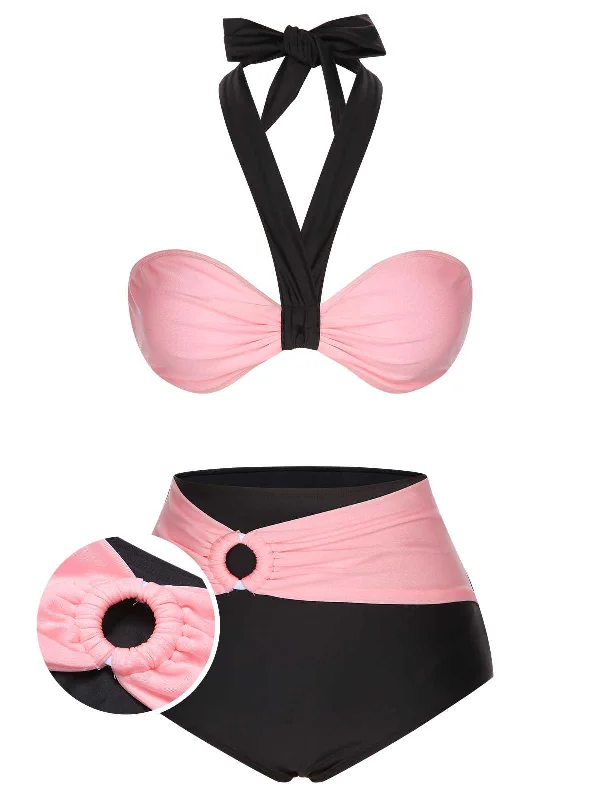 Black 1960s Halter Contrast Swimsuit Swim Skirt Set