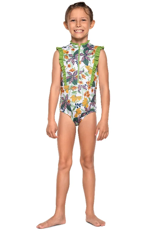 Kid's Angelfish Ruffle Swimsuit | Apricot Crush Floral Paradise Tie-Back Swimwear