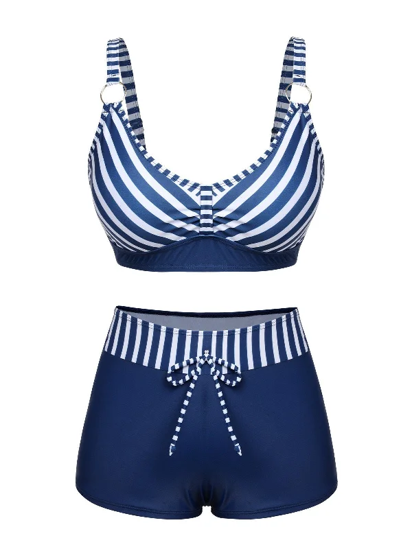 Dark Blue 1940s Stripes Strap Drawstring Swimsuit Elegant Swim Dress