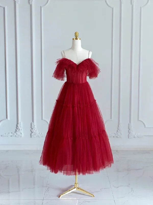 Burgundy Off Shoulder A-Line Tea Length Evening Party Dress,DP1731 Off-the-shoulder Chic Trendy