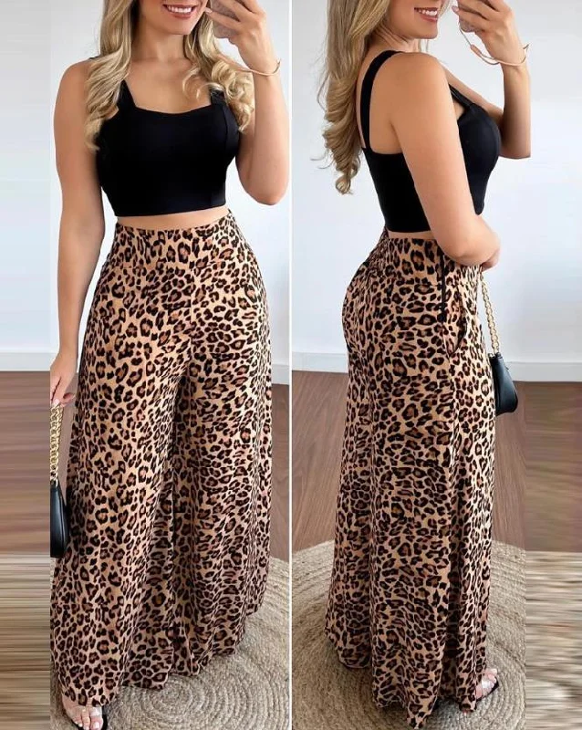 New Sexy Leaky Umbilical Women Outifits 2023 Summer Fashion Square Neck Sleeveless Crop Tank Top & Leopard Print Pocket Wide Leg Pants Set stylish tank top
