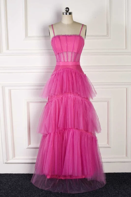 Hot Pink Spaghetti Straps A-Line Tulle Tiered Long Party Dress,DP1695 Tunics Ceremony elegant