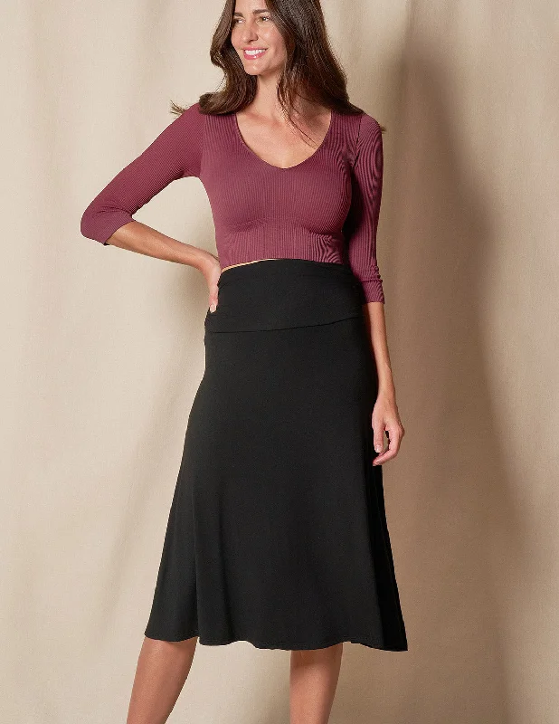Bamboo Shirred Waist Midi Skirt - Black velvet skirt plush
