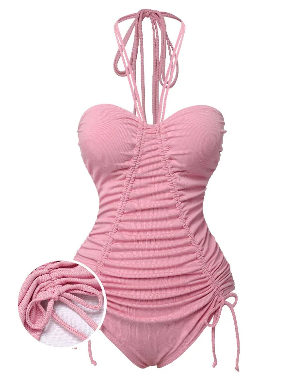 Pink 1950s Halter Pleated Solid One-Piece Swimsuit Tropical Print Bikini
