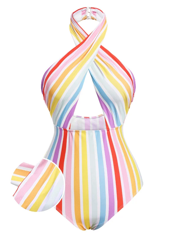 [Pre-Sale] Multicolor 1960s Rainbow Stripe Halter Swimsuit Sporty Racerback Swimsuit