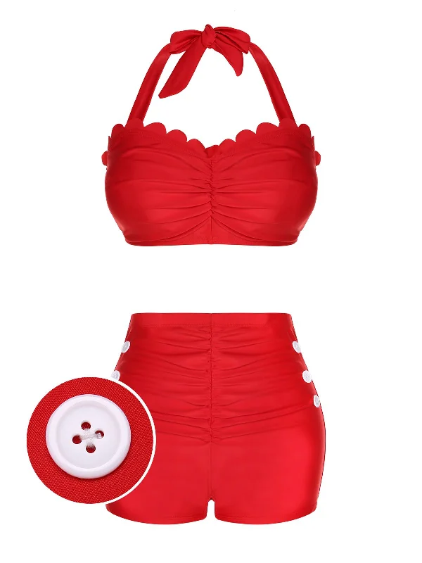 Red 1950s Button Ruffles Halter Swimsuit Stylish Beachwear Set
