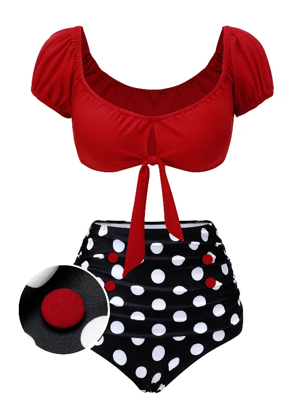 1950s Red & Black Polka Dot Halter Swimsuit Modern High-Waisted Swimsuit
