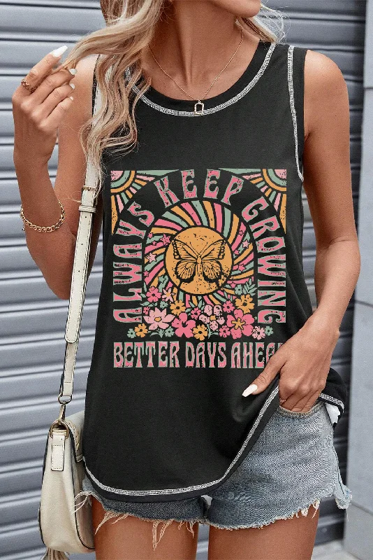 Black Letters Butterfly Floral Printed Stitching Crewneck Tank Top strappy tank top