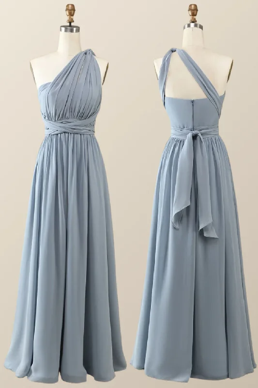 Misty Blue Chiffon A-Line Convertible Long Party Dress Bridesmaid Dress,DP1816 Tunics Long Elegant