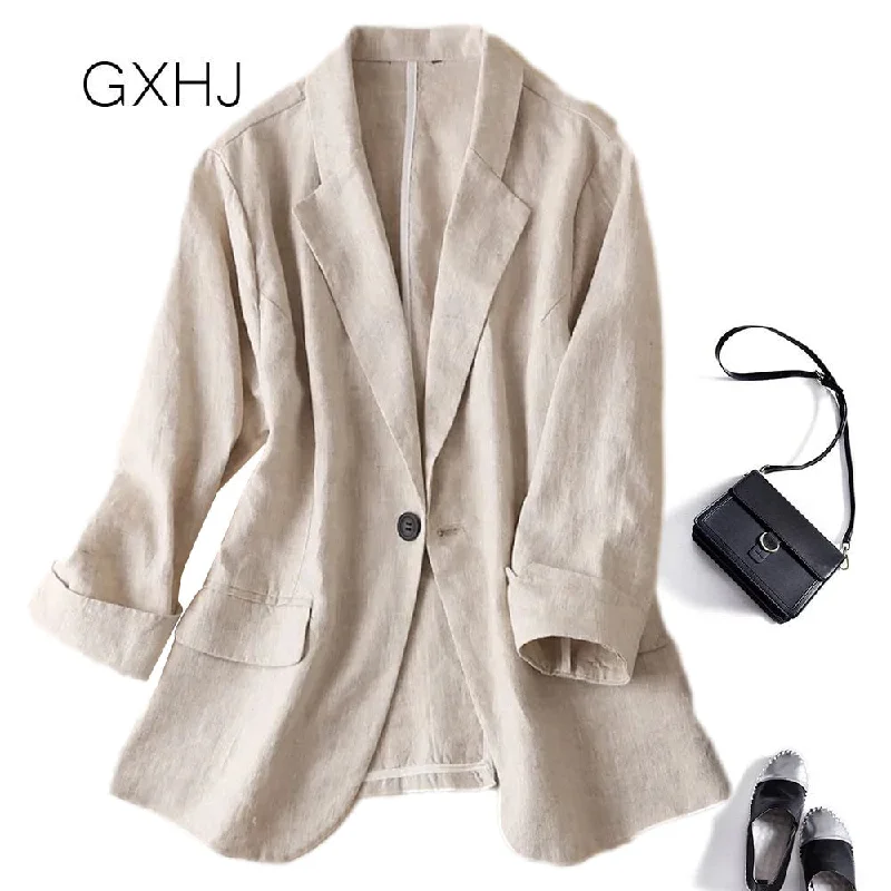 Ladies linen suit Cotton and Linen Suit Jacket Female 2022 Spring Casual Retro One Buckle Solid Color Summer Blazer Tops  LHJ080 Notch Collar Jacket Peter Pan Collar Jacket Cowl Neck Jacket