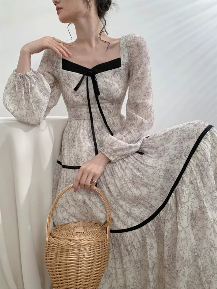 Advbridge Elegant Floral Printed Midi Dresses for Women Lantern Sleeves Square Collar A-line Evening Party Dress Autumn Chic Prom Robe Tunics Vintage classic