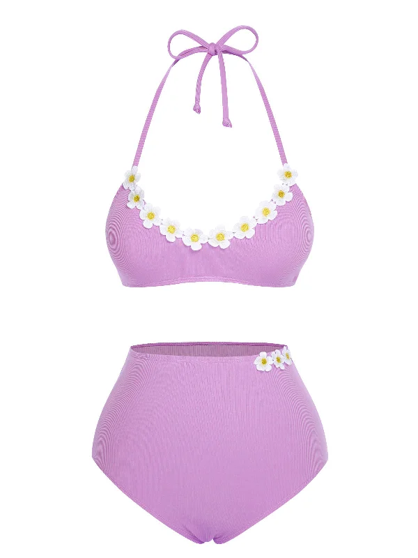 Purple 1960s Halter Knit Daisy Swimsuit Timeless Black Bikini