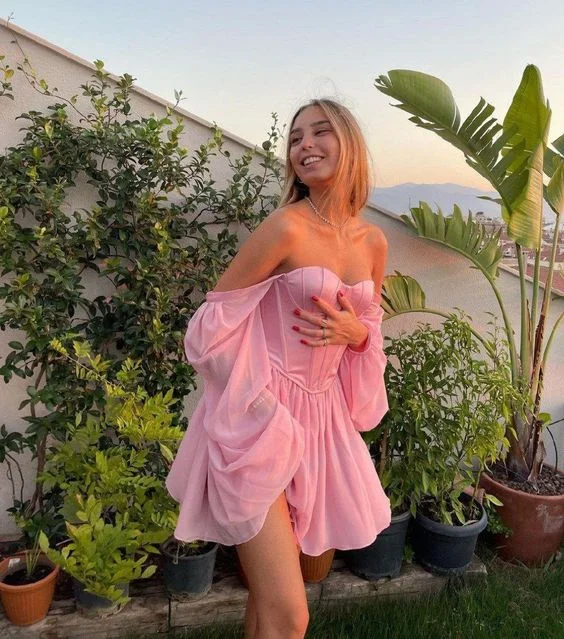 Pink Off Shoulder A-Line Short Party Dress Sweet Homecoming Dress,DP1686 Pencil Length Work