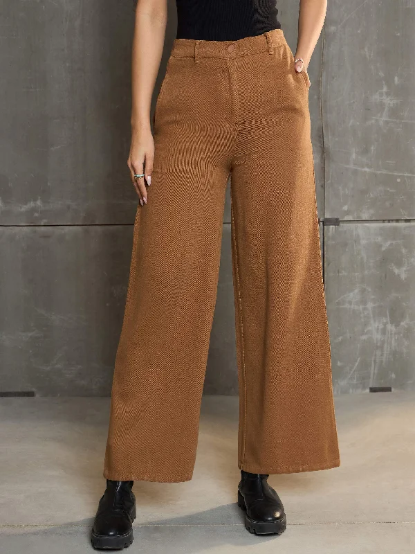 Women Dark Brown Denim Flared Pants Chic Black Leggings