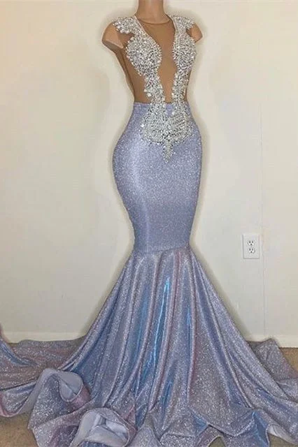 Sexy Mermaid Prom Dress Sparkly Appliques Party Dress Crew Neckline Casual