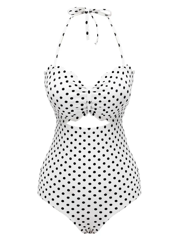 White 1940s Polka Dot Lace Up Halter Swimsuit High-Waisted Swimwear