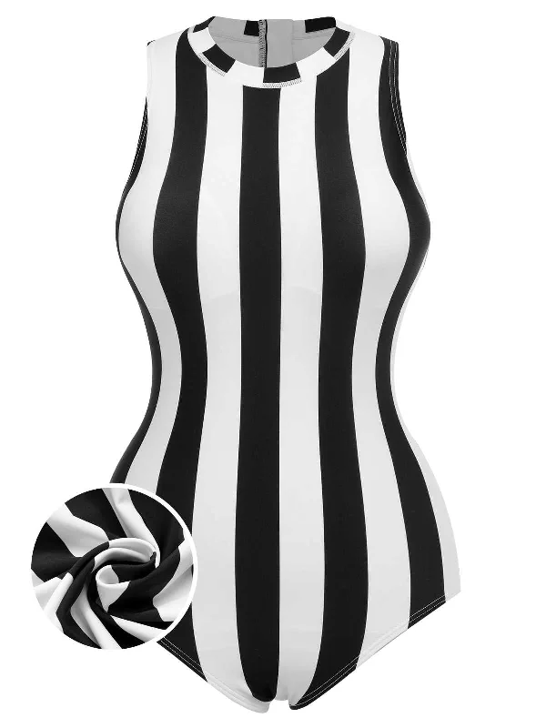 1950s Contrast Stripes Triangle One-Piece Swimsuit Chic Beach Cover-Up