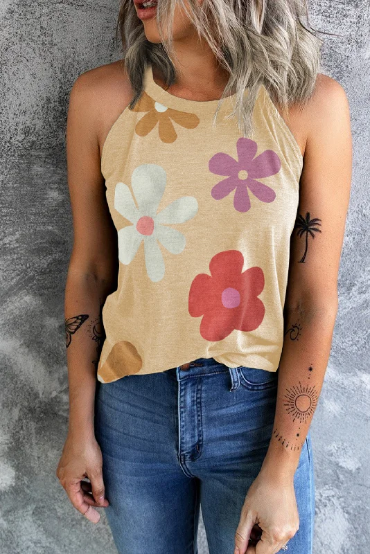 Flower Print Round Neck Tank ribbed tank top